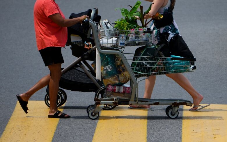 Two people pass each other in a parking lot. One is pushing a stroller and the other is pushing a shopping cart.