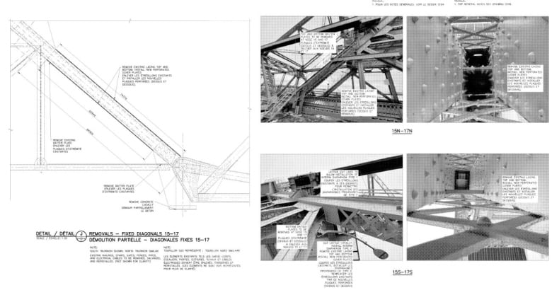 A schematic showing a section of a bridge, with directions that the lacing along the top and bottom of a member should be removed.