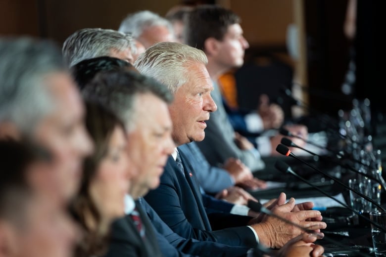 Ontario Premier Doug Ford is seen in profile at a table, with other premiers out of focus. 