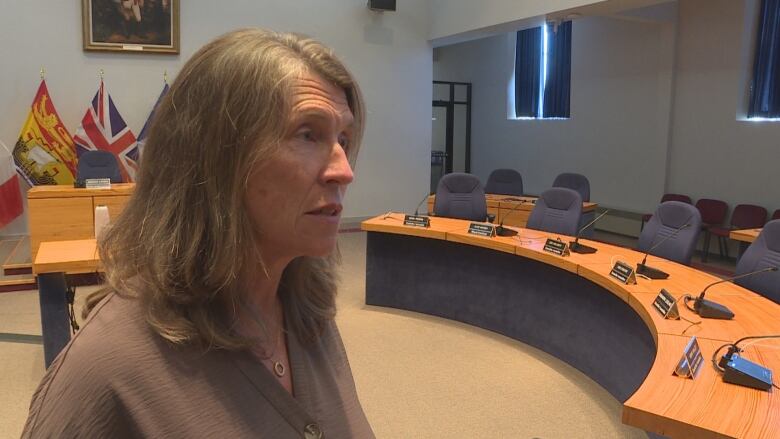 Kate Rogers speaks in Fredericton council chambers.