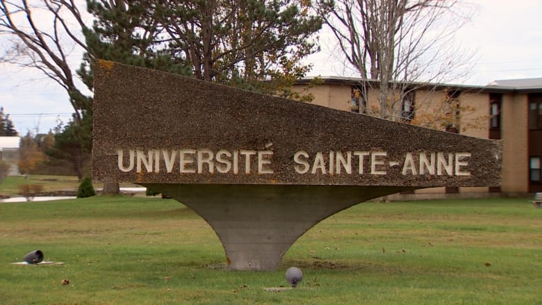 A greyish brown stone statue that reads, 'Universit Sainte-Anne.'